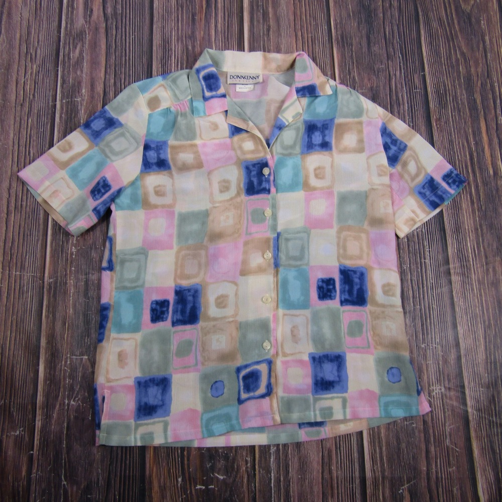 Donnkenny Button Up Shirt Women Small Multi Color Geometric Pastel Blouse Granny
